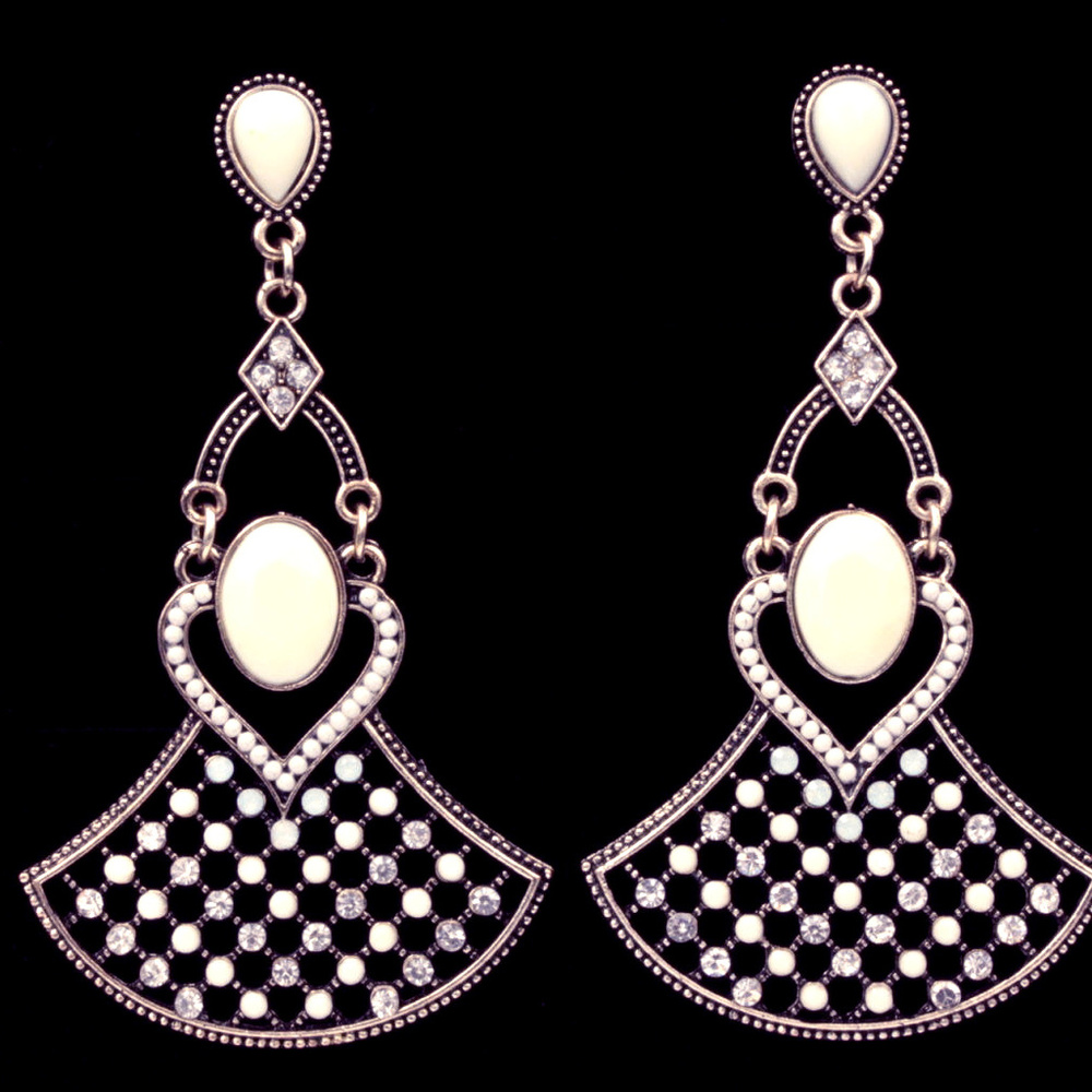 White Ethnic Bib Dangle Earrings